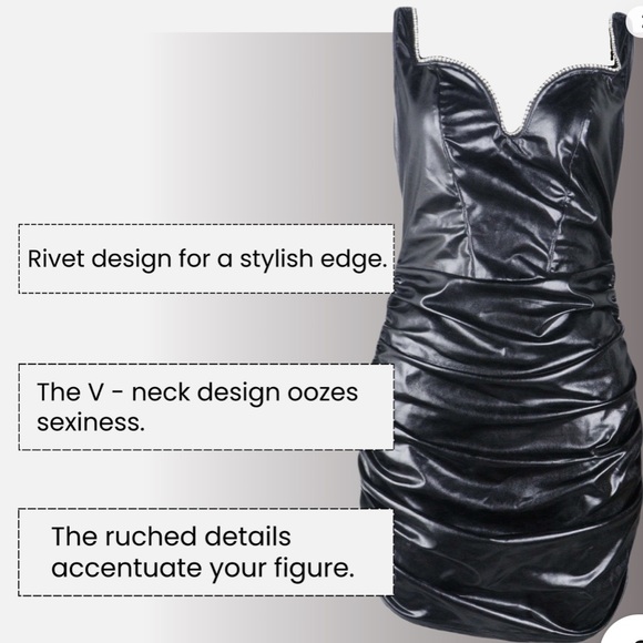 Faux Leather Black Ruched Dress S - Picture 2 of 7